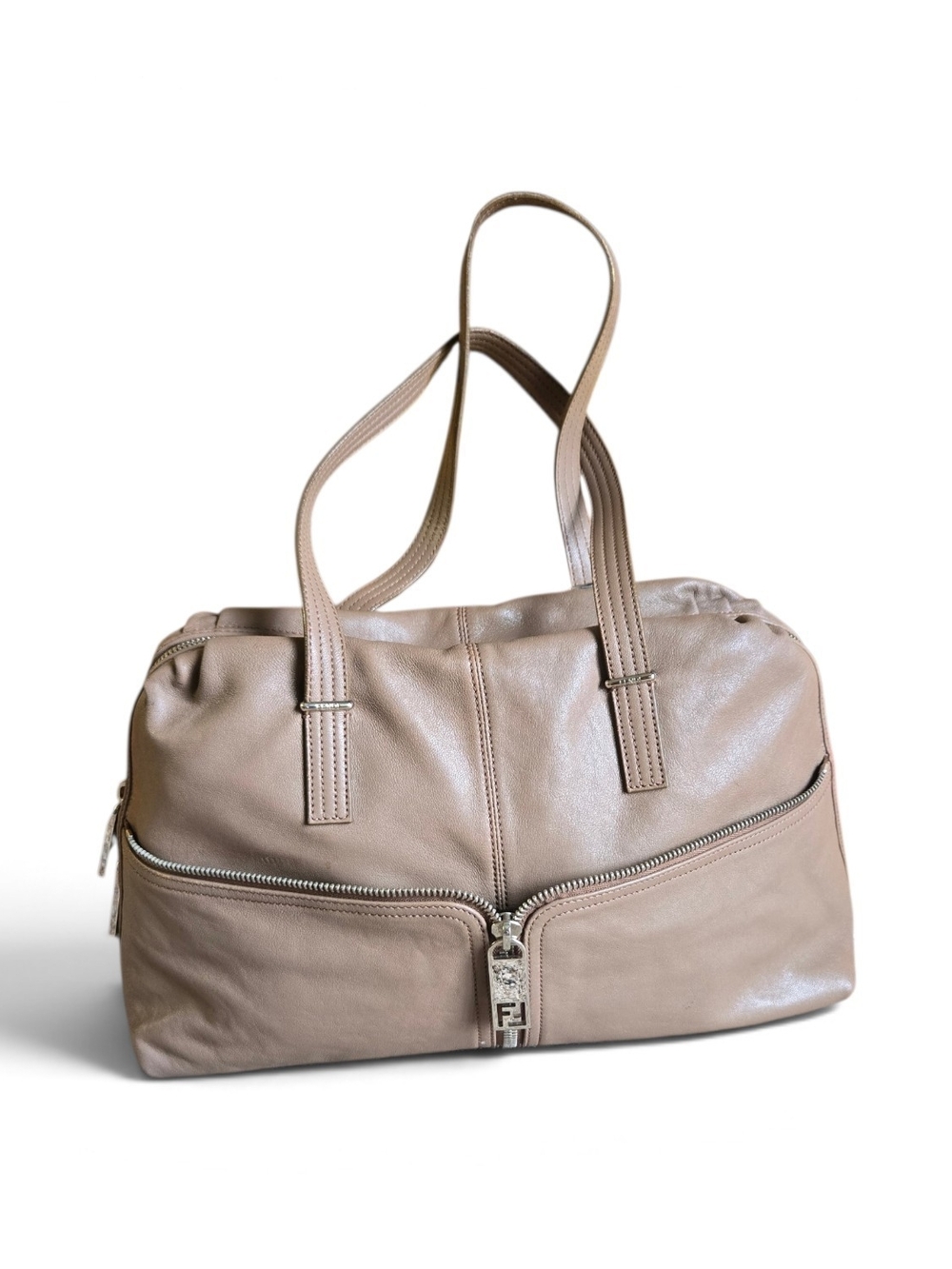 Fendi Nude Leather Tote with Front Zip Pocket